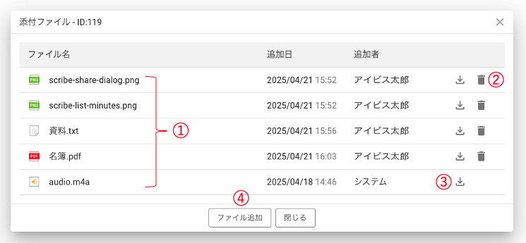 議事録添付ファイル一覧画面